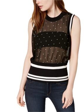 Bar III Women's Sheer Mesh Crew-Neckline Ribbed-Trim Top size XS